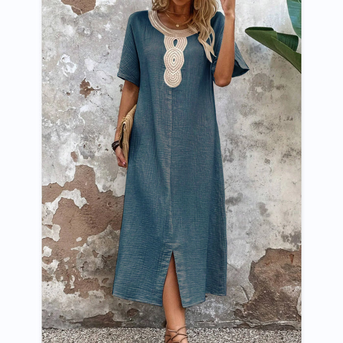 【S-3XL】Rochie brodata la gât rotund din bumbac si in de culoare uni