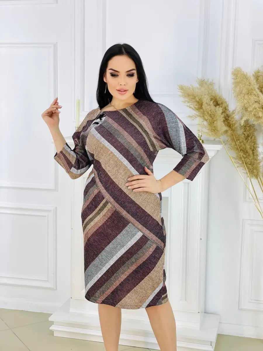 👗🍂Νέο φθινοπωρινό κομψό ριγέ φόρεμα με στρογγυλή λαιμόκοψη