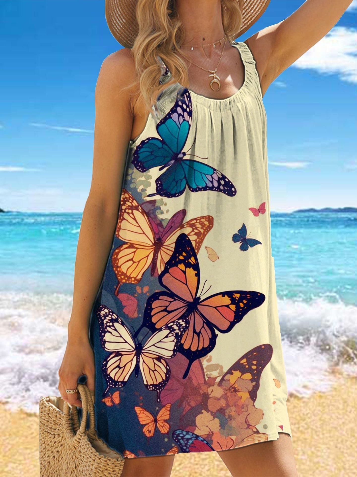 🎁【Reducere 50%】✨🌊【S-5XL】Rochie de vară la modă, cu bretele, imprimeu floral