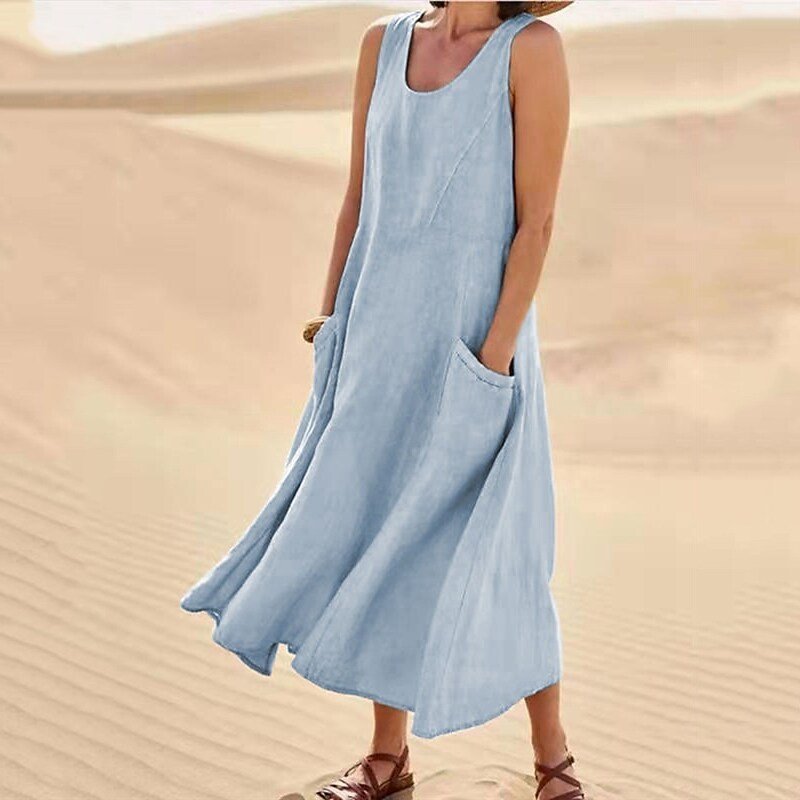 🌈👗【S-5XL】Nova elegantna jednobojna haljina bez rukava s okruglim izrezom od pamuka i lana za ljeto 2025.