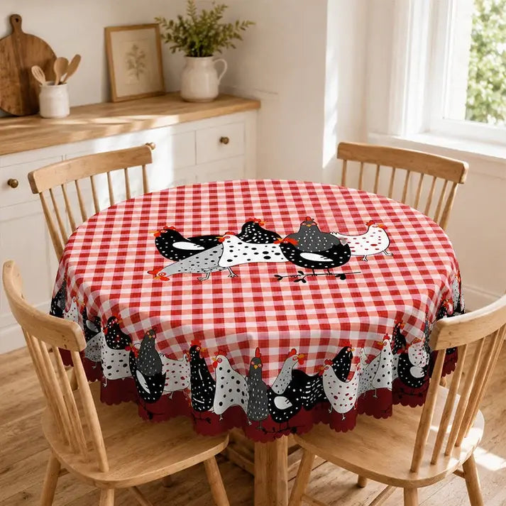 🐓 50% POPUSTA SAMO OGRANIČENO VRIJEME! ❤️ Stolnjak s uzorkom seoskog pijetla: Crveni karirani stolnjak s printom piletine, otporan na prolijevanje s čipkastim obrubom ✨