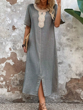 【S-3XL】Rochie brodata la gât rotund din bumbac si in de culoare uni