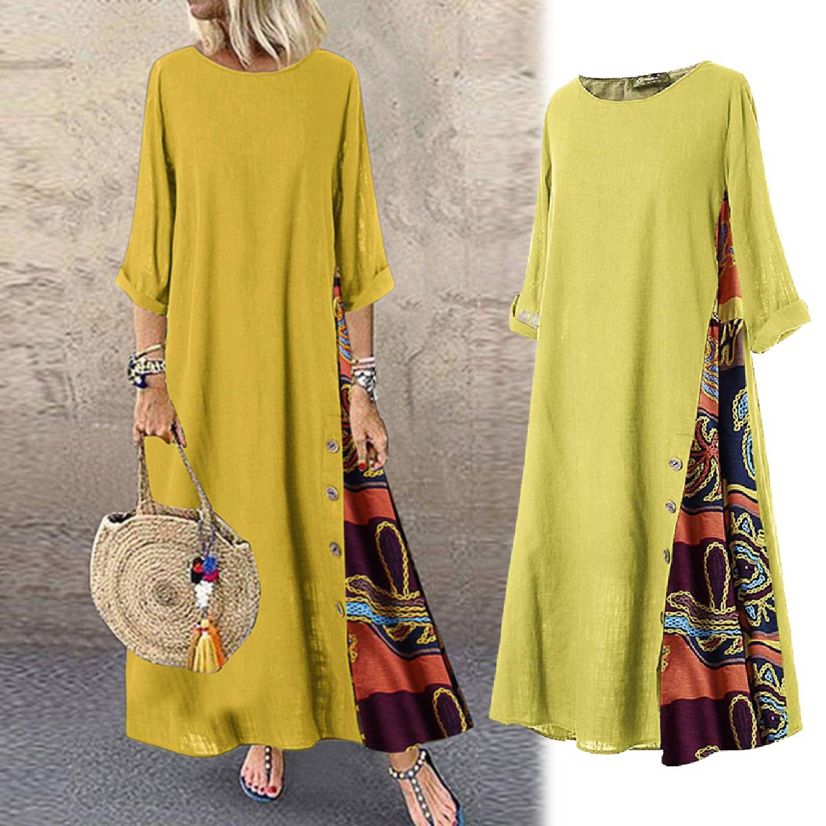 ✨💖【M-5XL】Rochie elegantă, retro, casual, cu imprimeu, cu mânecă medie, nouă, 2025