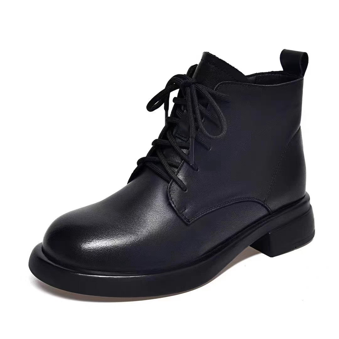【35-40】Botas martin de piel auténtica para mujer con tacón plano y punta redonda