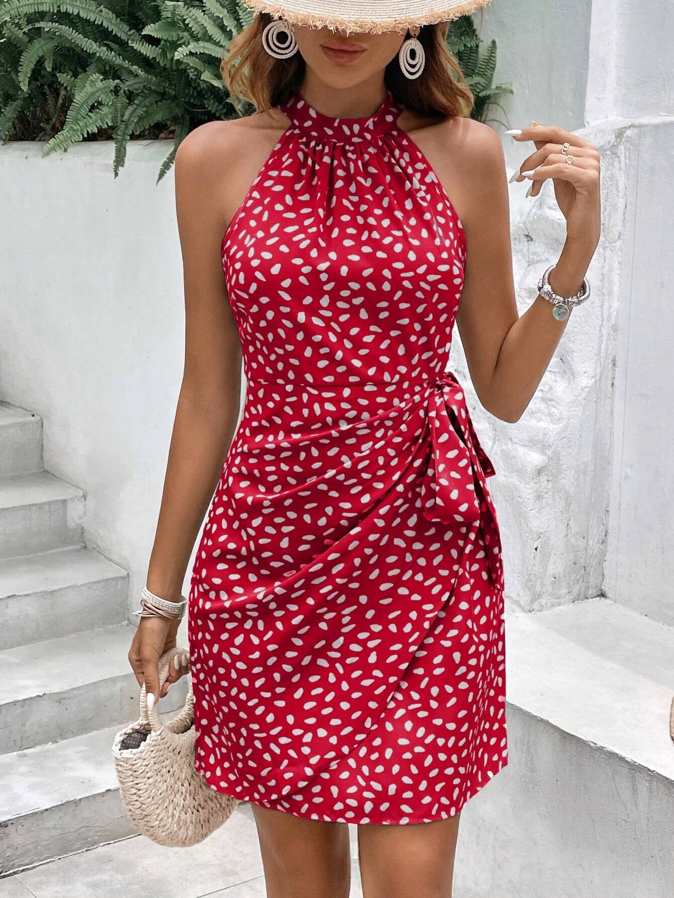 ✨💕【Specjalne oferty letnie🔥】2025 Nowa modna sukienka z dekoltem halter, zamkiem błyskawicznym, bez rękawów, plisowana, w kwiaty