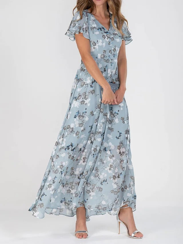 ✨🔥【Noua vară】【S-3XL】Rochie din șifon, mâneci scurte, volane în formă de V, la modă și strâmtă în talie