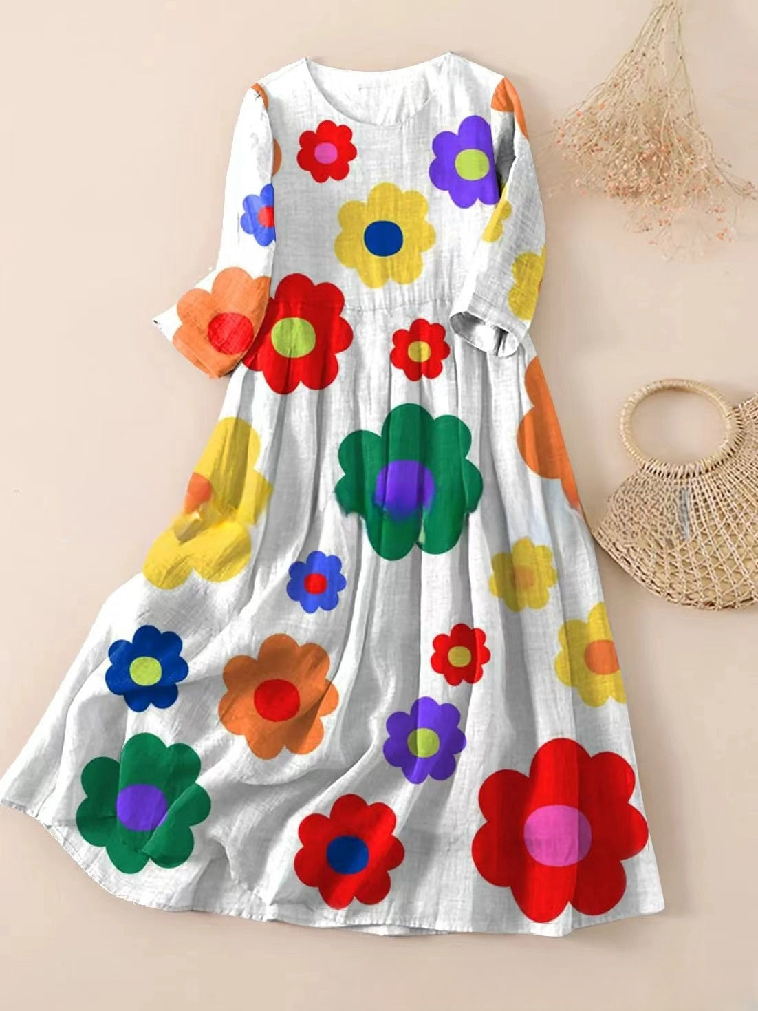 【S-3XL】🌼2025 nowa plisowana sukienka z okrągłym dekoltem i kwiatowym nadrukiem🌸