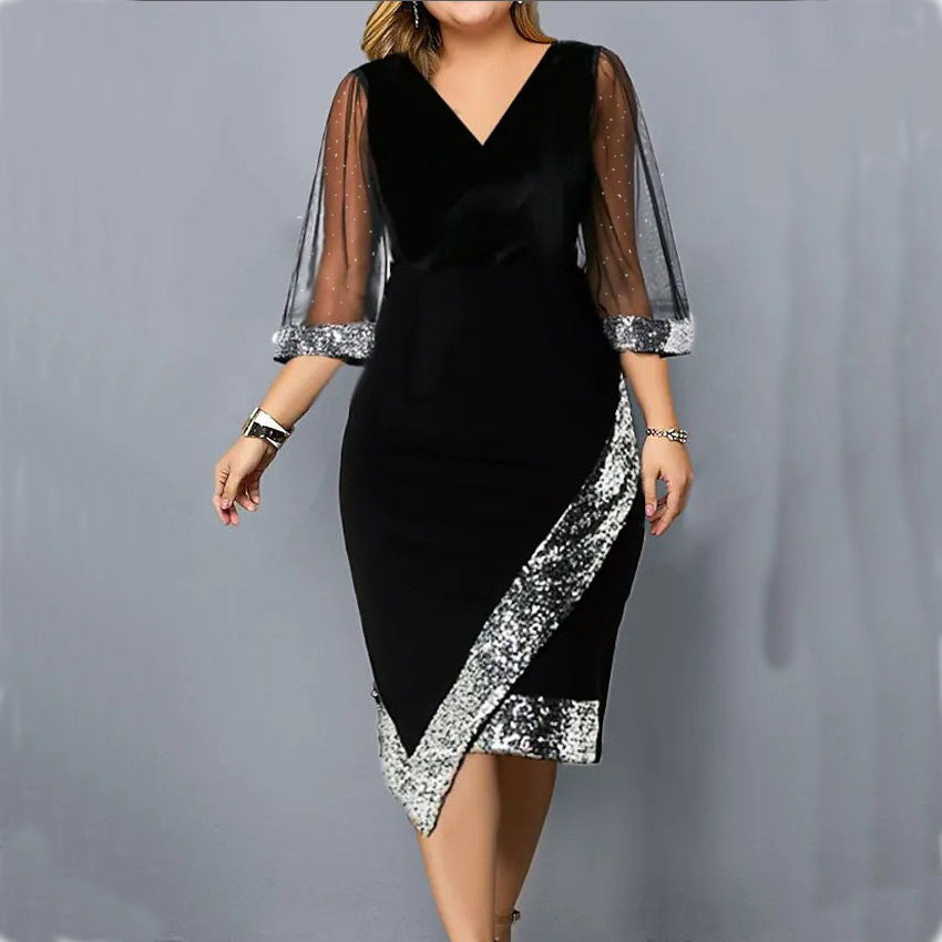🌟 Nou 2025 ✨ Rochie de damă transparentă din plasă neregulată, catifea aurie și paiete ✨👗💃