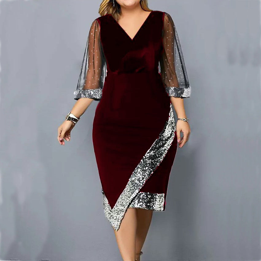 🌟 Nou 2025 ✨ Rochie de damă transparentă din plasă neregulată, catifea aurie și paiete ✨👗💃