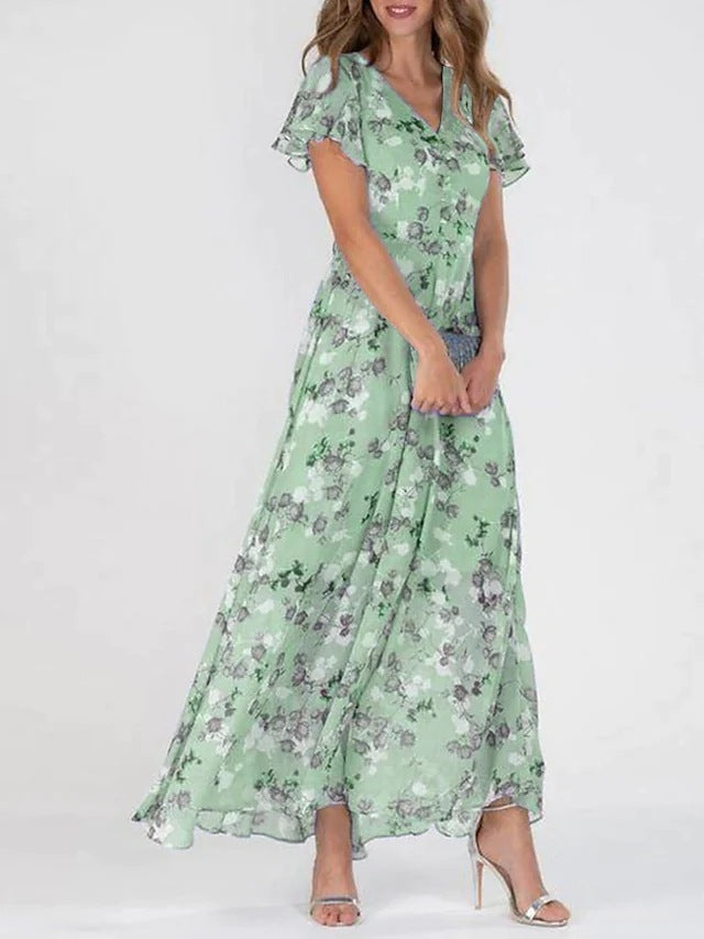 ✨🔥【Noua vară】【S-3XL】Rochie din șifon, mâneci scurte, volane în formă de V, la modă și strâmtă în talie
