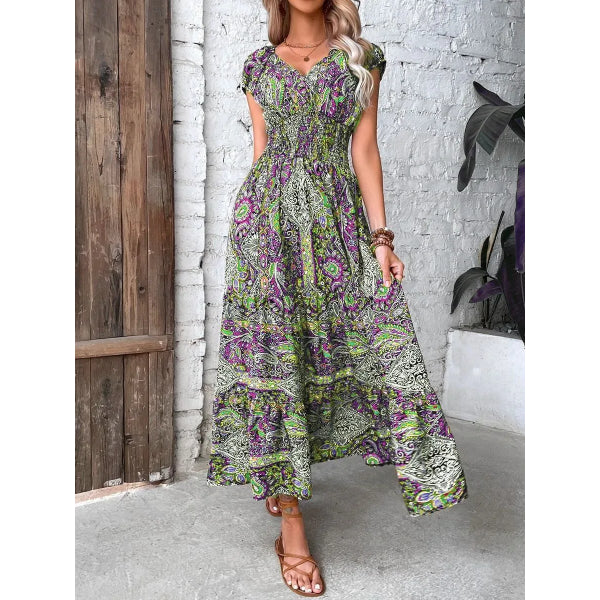 🔥👗【S-3XL】Damska sukienka maxi z wysokim stanem i dekoltem w szpic z nadrukiem w stylu boho
