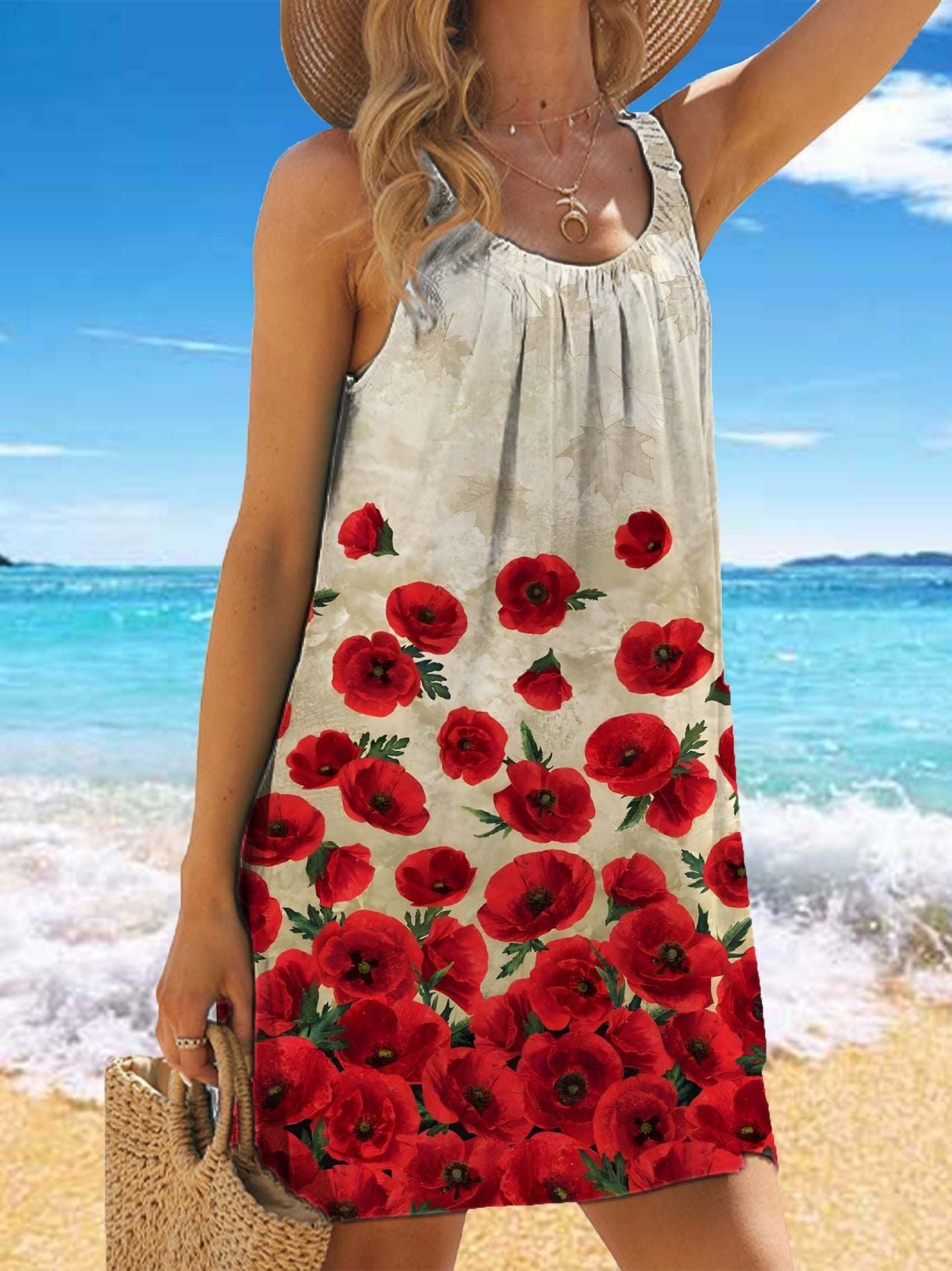🎁【Reducere 50%】✨🌊【S-5XL】Rochie de vară la modă, cu bretele, imprimeu floral