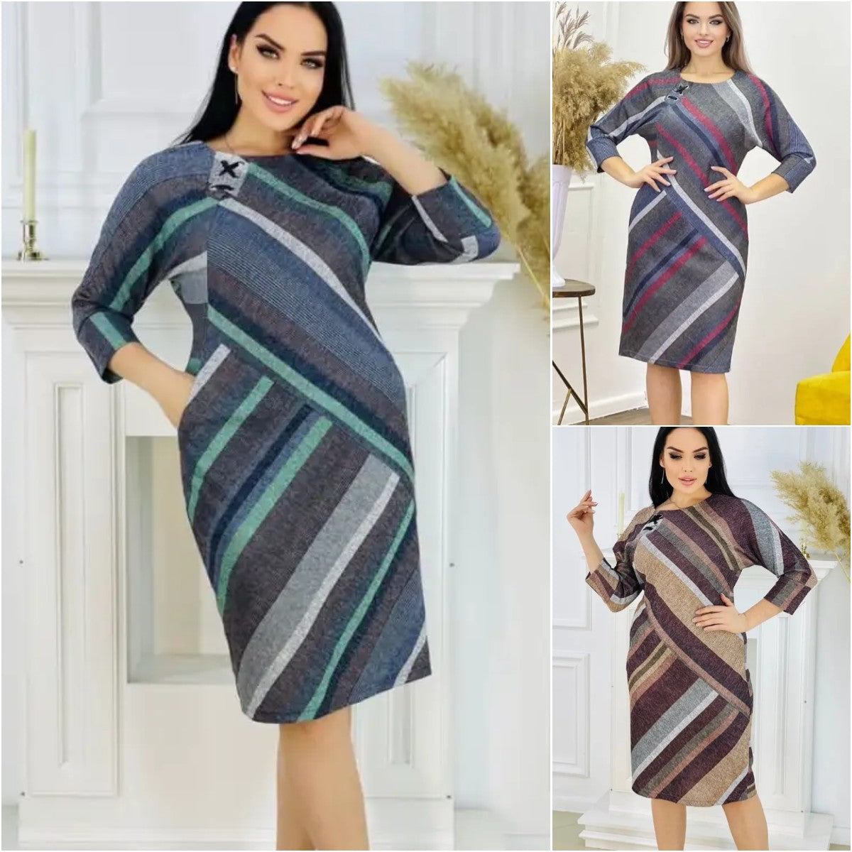 👗🍂Νέο φθινοπωρινό κομψό ριγέ φόρεμα με στρογγυλή λαιμόκοψη
