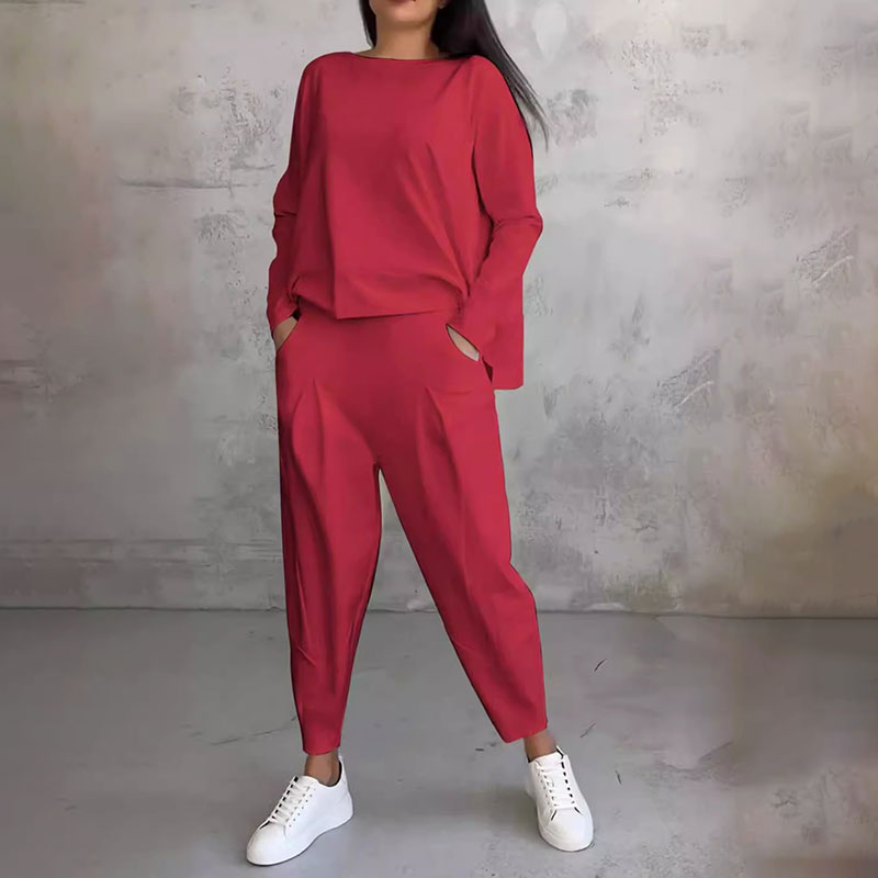 💞Promocja czasowa 50%💖 Zestaw z długim rękawem, bluzka z okrągłym dekoltem i długie spodnie