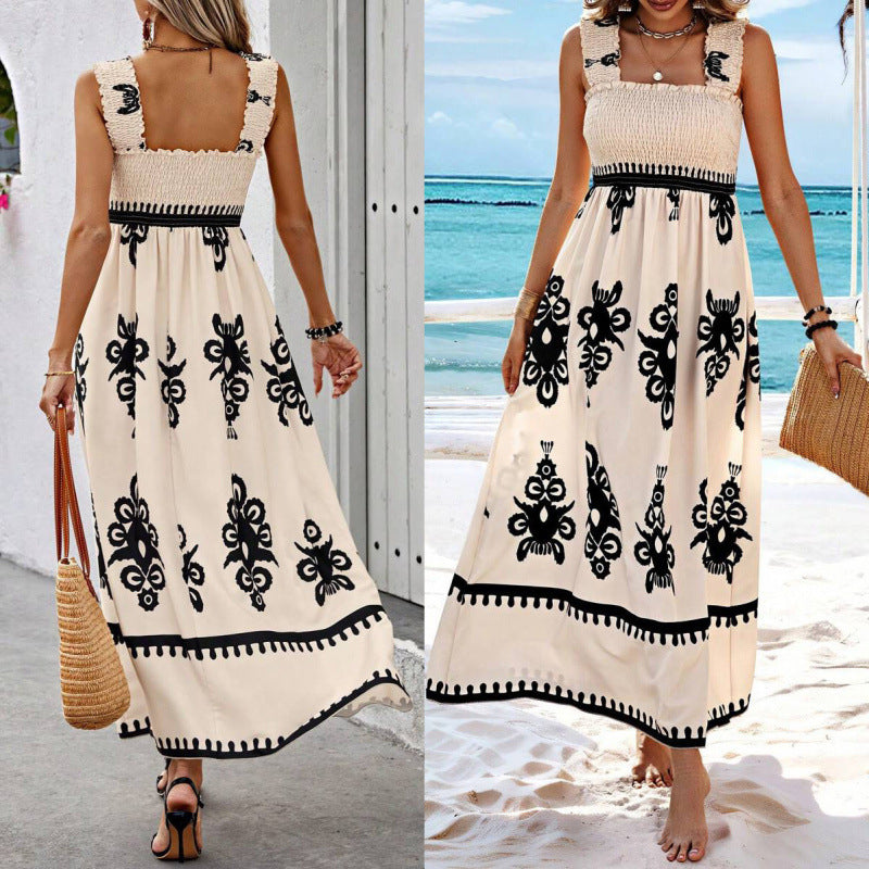 🏖️💃【Reducere 50% ✨】【S–8XL】Rochie nouă de vară pentru femei, lejeră, cu bretele și imprimeu, talie elastică, mărimi mari, perfectă pentru plajă și vacanță