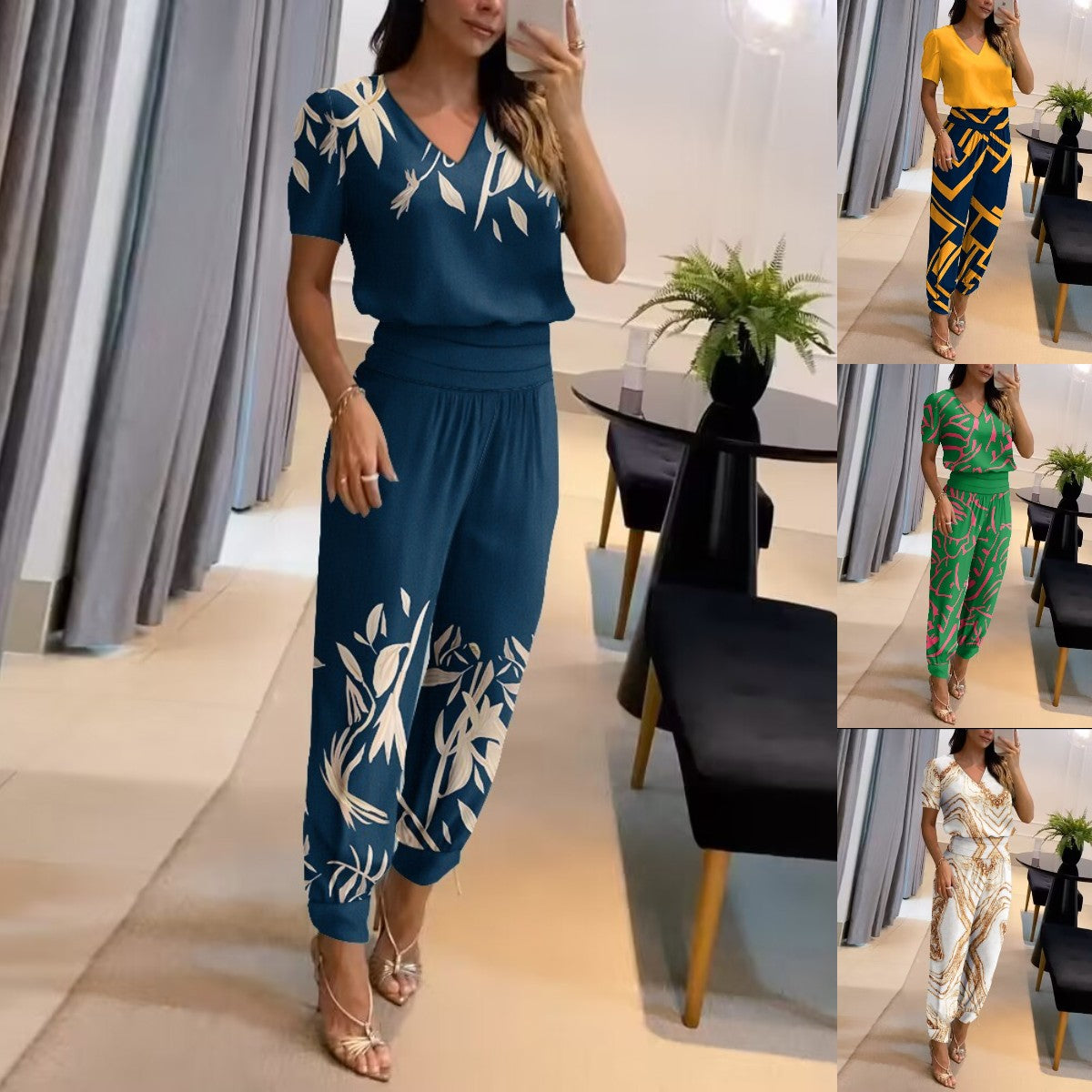 🥰【Top+Pantaloni】 Costum casual de dama din doua piese cu modelSet din două piese de pantaloni cu mânecă scurtă cu decolteu în V imprimați pentru femei