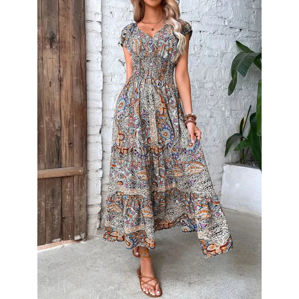 🔥👗【S-3XL】Damska sukienka maxi z wysokim stanem i dekoltem w szpic z nadrukiem w stylu boho