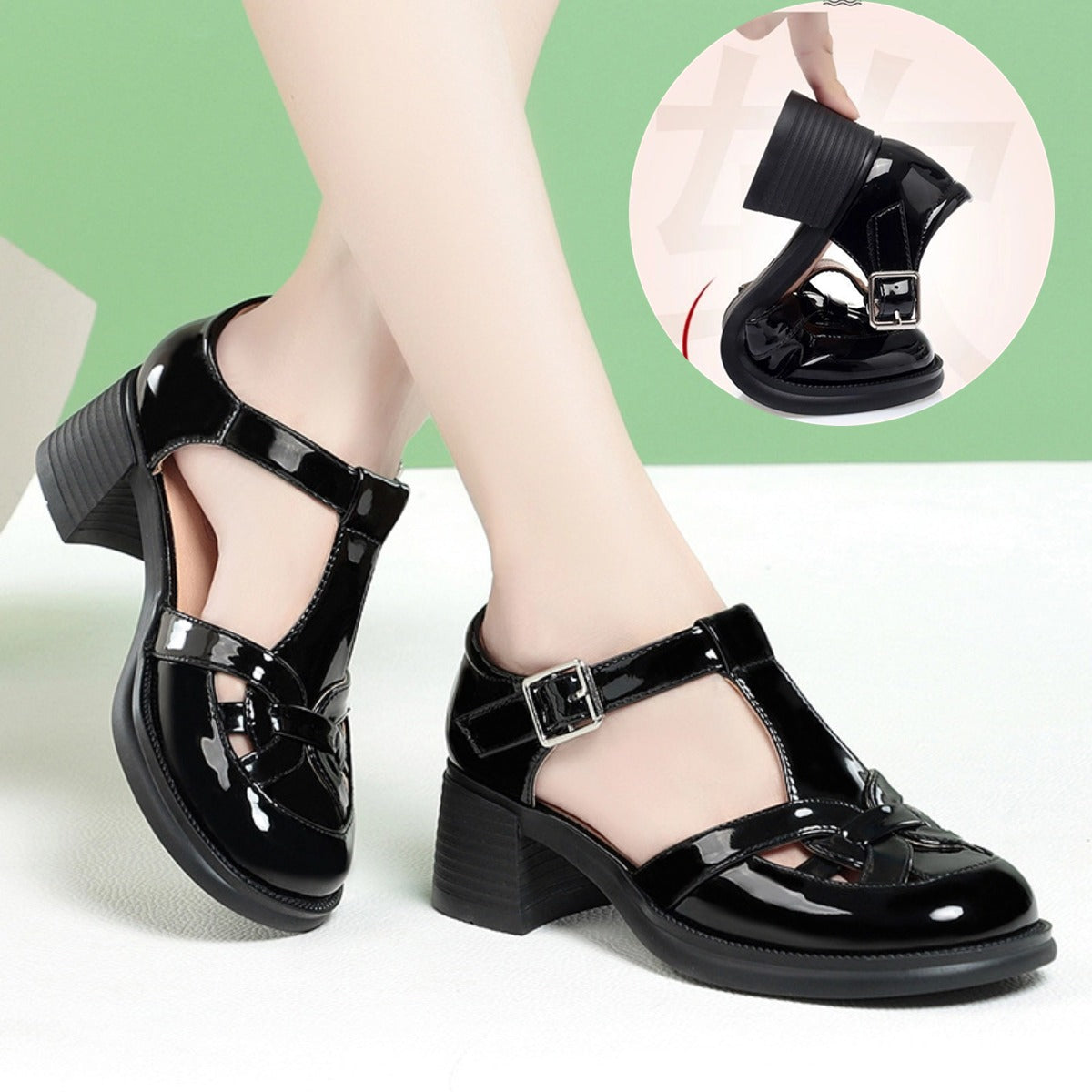 💥💥【Oferta ograniczona czasowo】💝【35-40】Sandały z grubego obcasa z wydrążoną podeszwą ze skóry lakierowanej