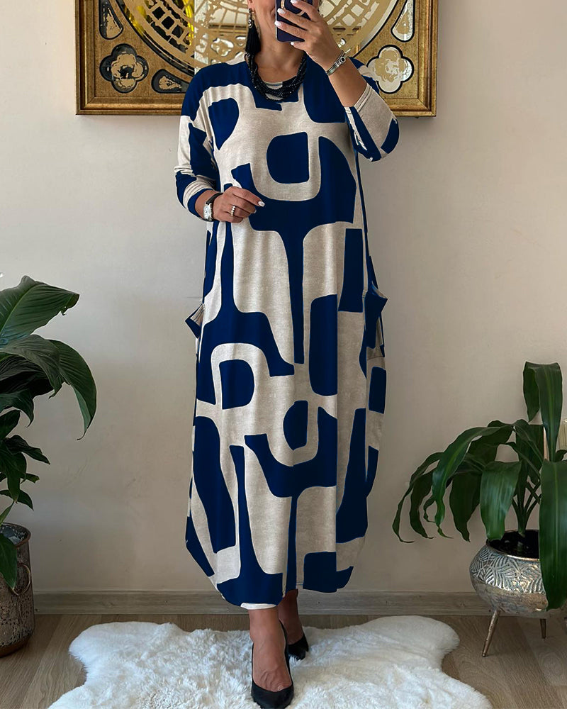 🥻Rochie casual cu imprimeu și guler rotund, la modă, de toamnă