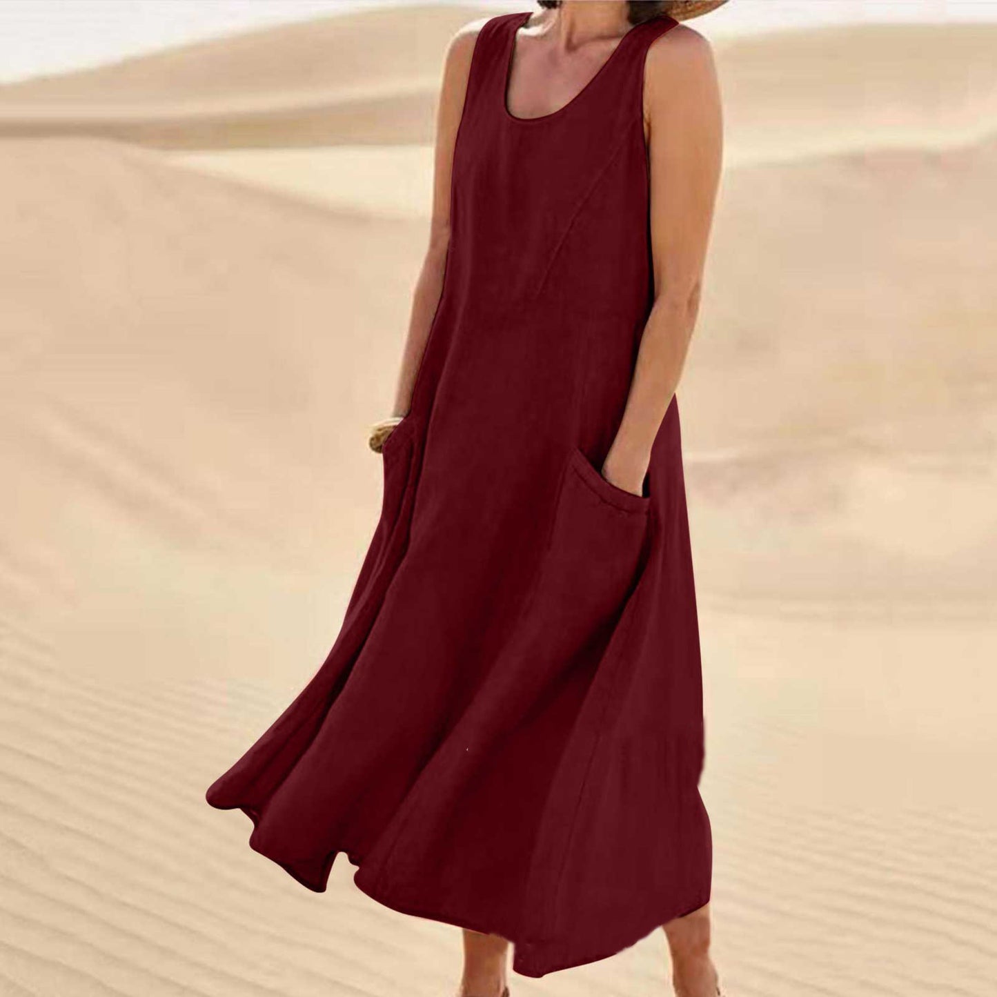 🌈👗【S-5XL】Nova elegantna jednobojna haljina bez rukava s okruglim izrezom od pamuka i lana za ljeto 2025.