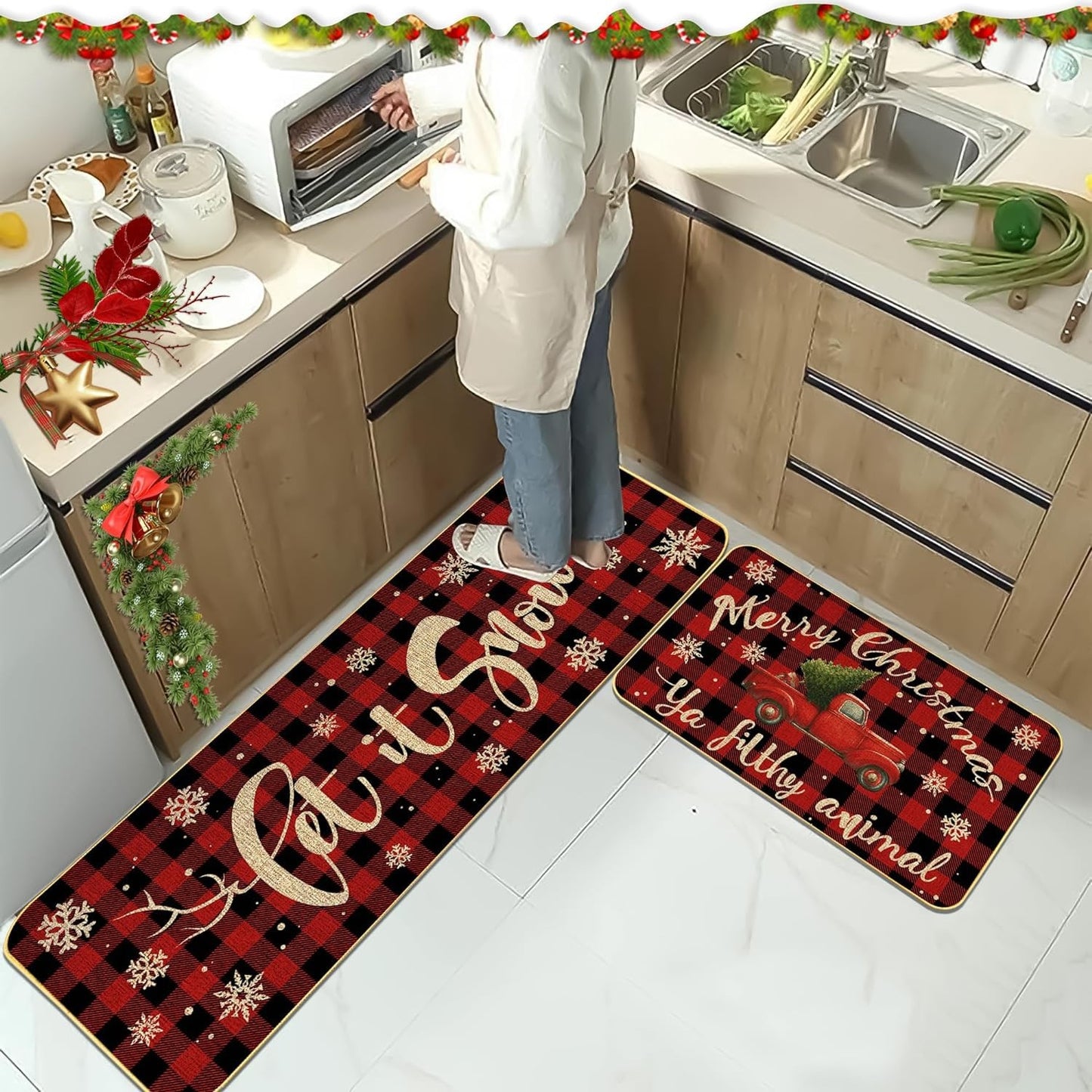【2 szt.】🎄🎄Nowy pokój świąteczny pokój kuchenny odporne na plamy maty dekoracyjne do drzwi kuchennych