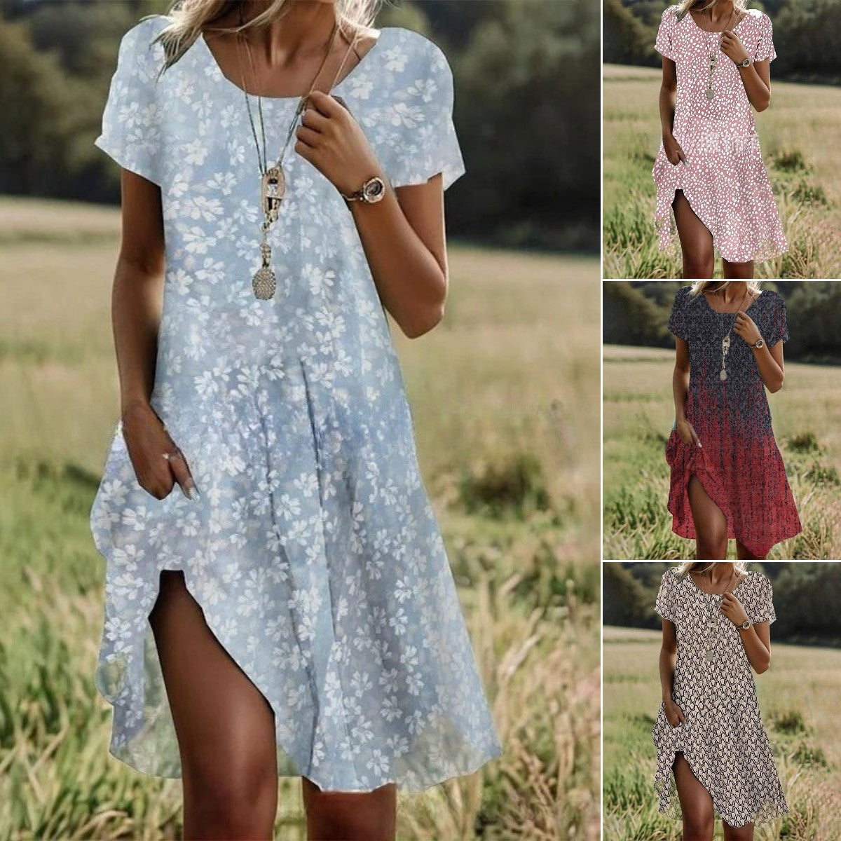 🔥【S-3XL】👗Nowa kolekcja 2025 wiosna/lato, sukienka z nadrukiem, okrągły dekolt, casual