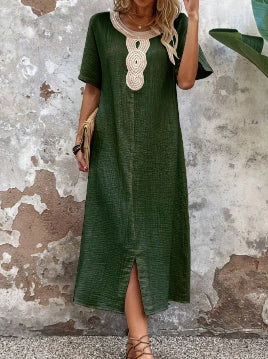 【S-3XL】Rochie brodata la gât rotund din bumbac si in de culoare uni