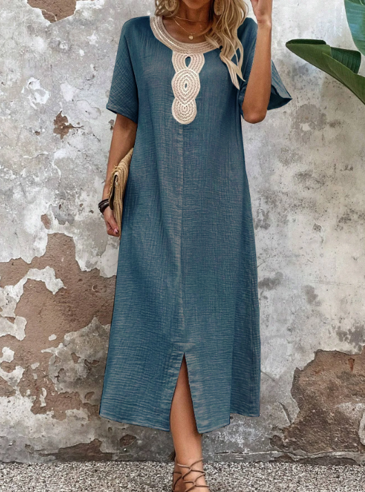 【S-3XL】Rochie brodata la gât rotund din bumbac si in de culoare uni