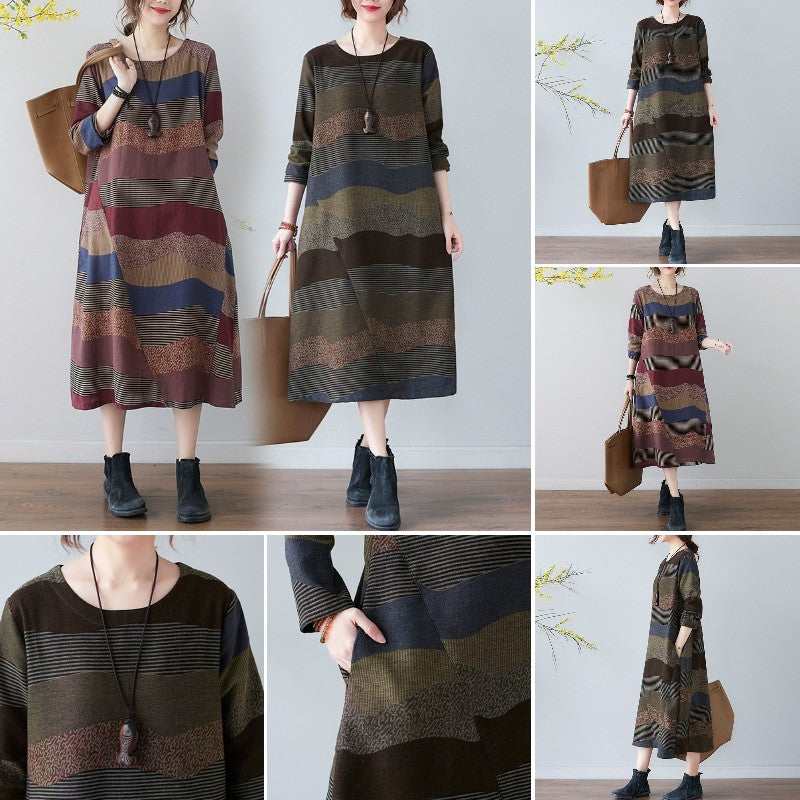 👗🍂Jesienna, nowa sukienka z okrągłym dekoltem i długim rękawem, z bawełny i lnu, na co dzień, na sezon 2025