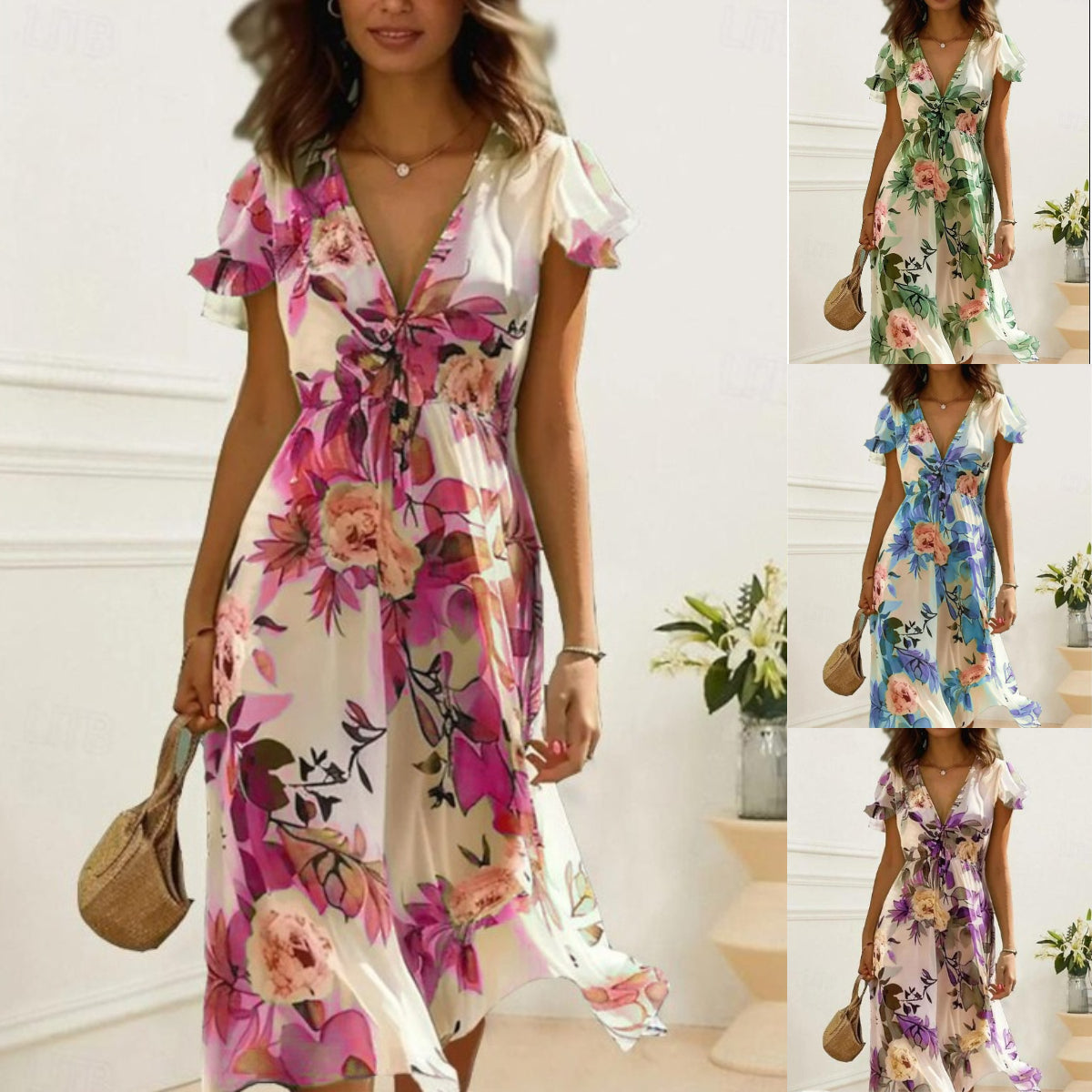 🔥👗👗【S-3XL】Elegantna midi haljina s cvjetnim uzorkom i V-izrezom