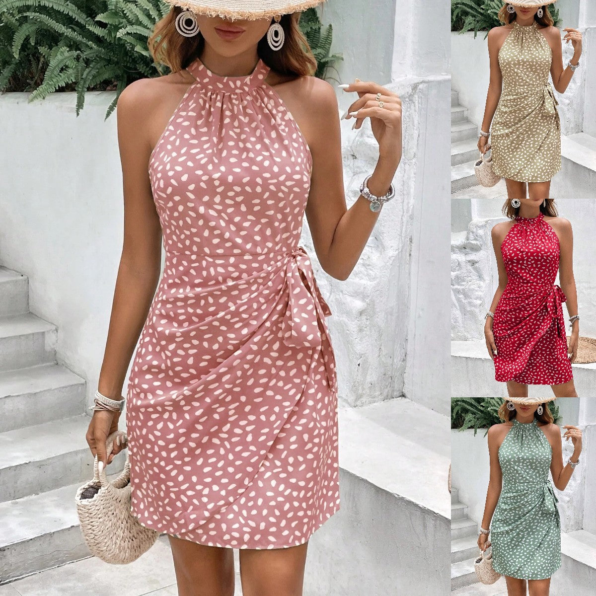 ✨💕【Specjalne oferty letnie🔥】2025 Nowa modna sukienka z dekoltem halter, zamkiem błyskawicznym, bez rękawów, plisowana, w kwiaty