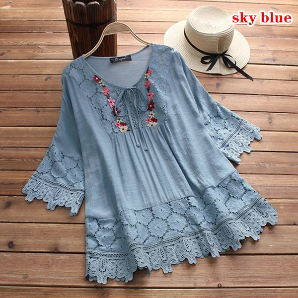 【S~5XL】Čipkana ležerna majica s 3/4 rukavima, ženska jednobojna široka bluza s V-izrezom