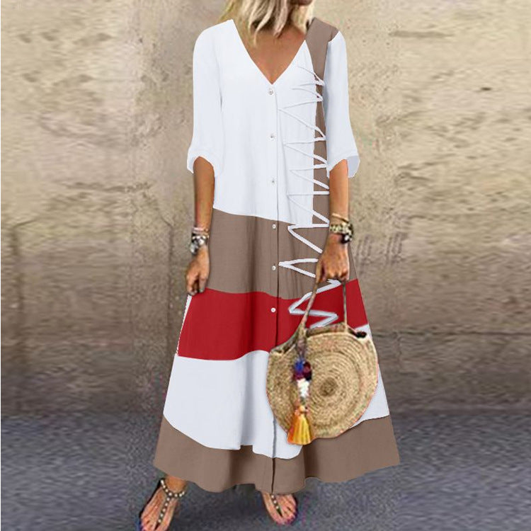 🌸🌸【S-5XL】2025 Noua modă de moda casual doamnelor cu decolteu în V cu mânecă scurtă cu mâneci scurte de imprimare rochie lun
