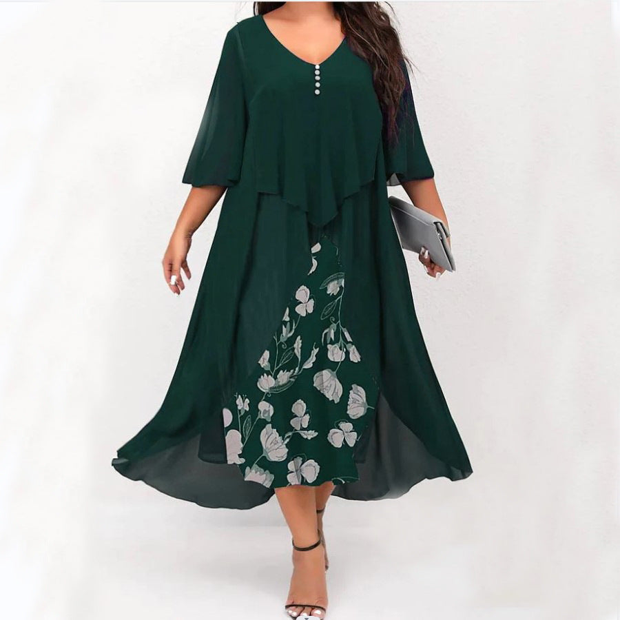 ✨💕【S-5XL】Rochie nouă din două piese, din șifon, cu imprimeu neregulat și model patchwork, mărime mare, 2025