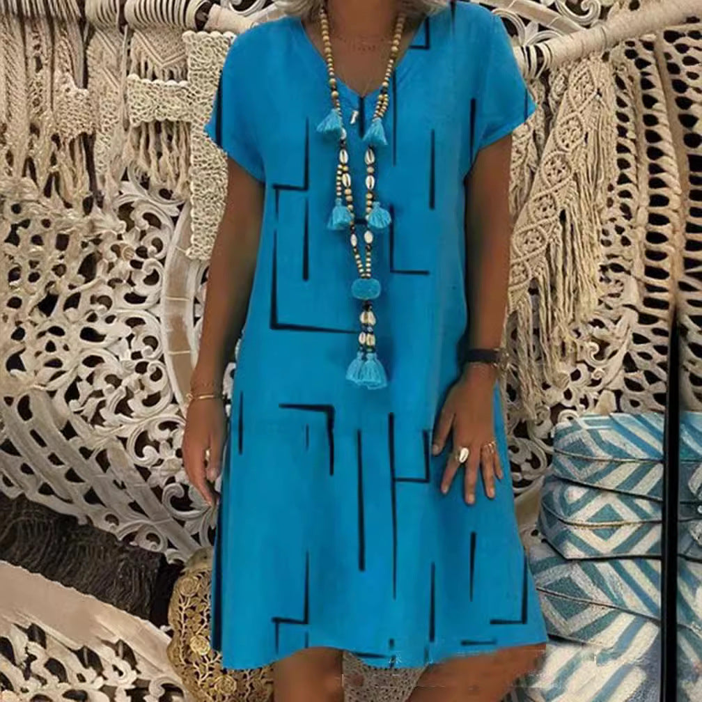 🥻🌲【45% OFF】👗【S-5XL】Nowa sukienka z nadrukiem z dekoltem w serek, wykonana z bawełny i lnu: przyjazna dla skóry i miękka