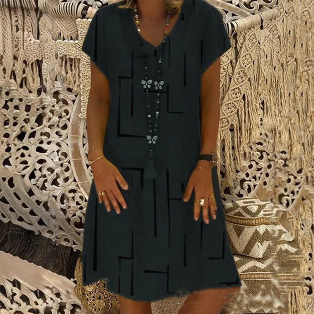🥻🌲【45% OFF】👗【S-5XL】Nowa sukienka z nadrukiem z dekoltem w serek, wykonana z bawełny i lnu: przyjazna dla skóry i miękka
