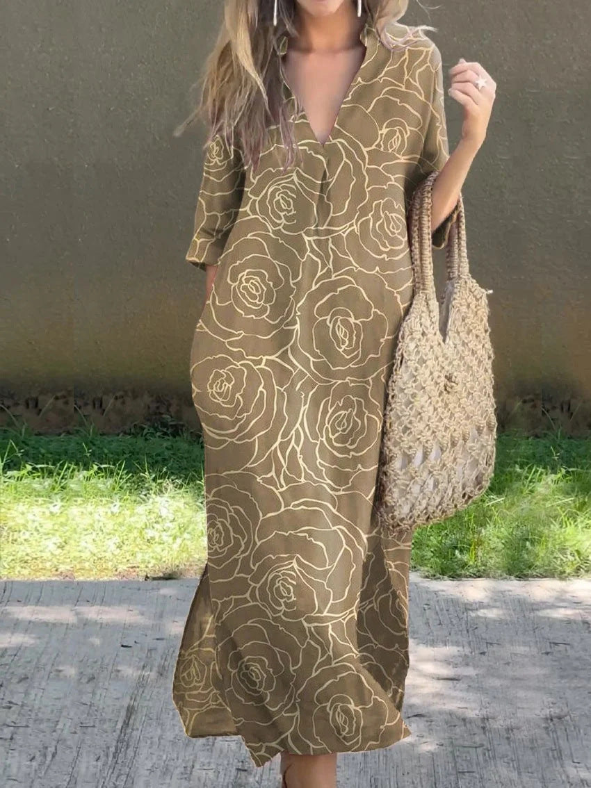 👗🌷2025 nova ljetna ležerna široka haljina s V-izrezom i printom