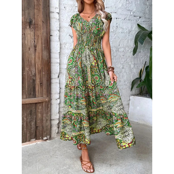 🔥👗【S-3XL】Damska sukienka maxi z wysokim stanem i dekoltem w szpic z nadrukiem w stylu boho