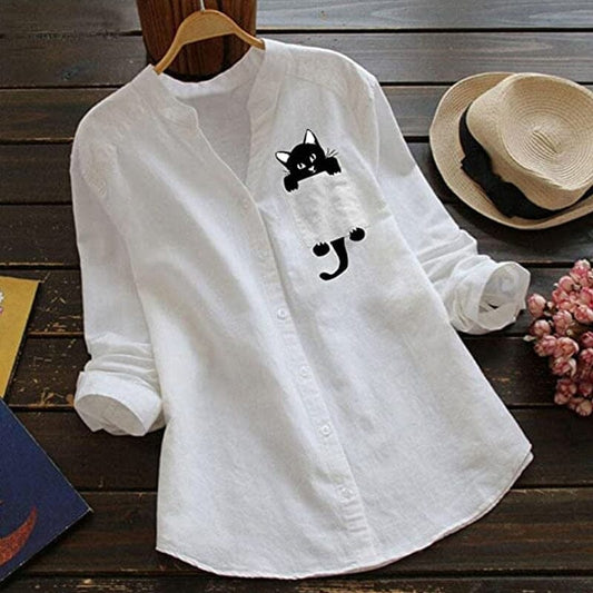 🐾ฅ^•ﻌ•^ฅ🐾【tricou cu pisicuță drăguță】【S-3XL】 Cămașă din bumbac cu decolteu în V, cu mânecă lungă, cu imprimeu de pisici, noua modă de primăvară 2025-