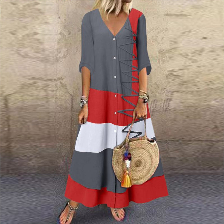 🌸🌸【S-5XL】2025 Noua modă de moda casual doamnelor cu decolteu în V cu mânecă scurtă cu mâneci scurte de imprimare rochie lun