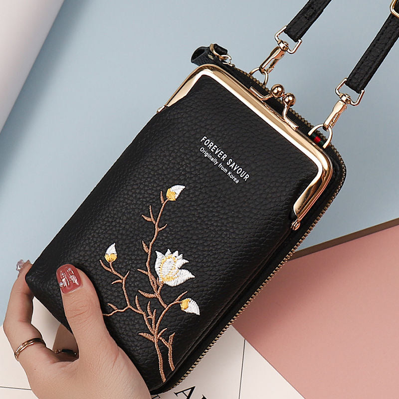 👜 Portfel damski typu crossbody ze skóry bydlęcej z haftem i paskiem na ramię, model 2025🎁