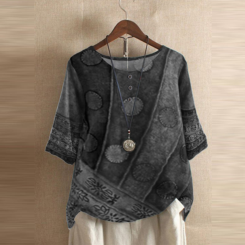 🌸2025 Noul puzzle geometric cu imprimare digitală, cu gât rotund, tricou mai lung pentru femei