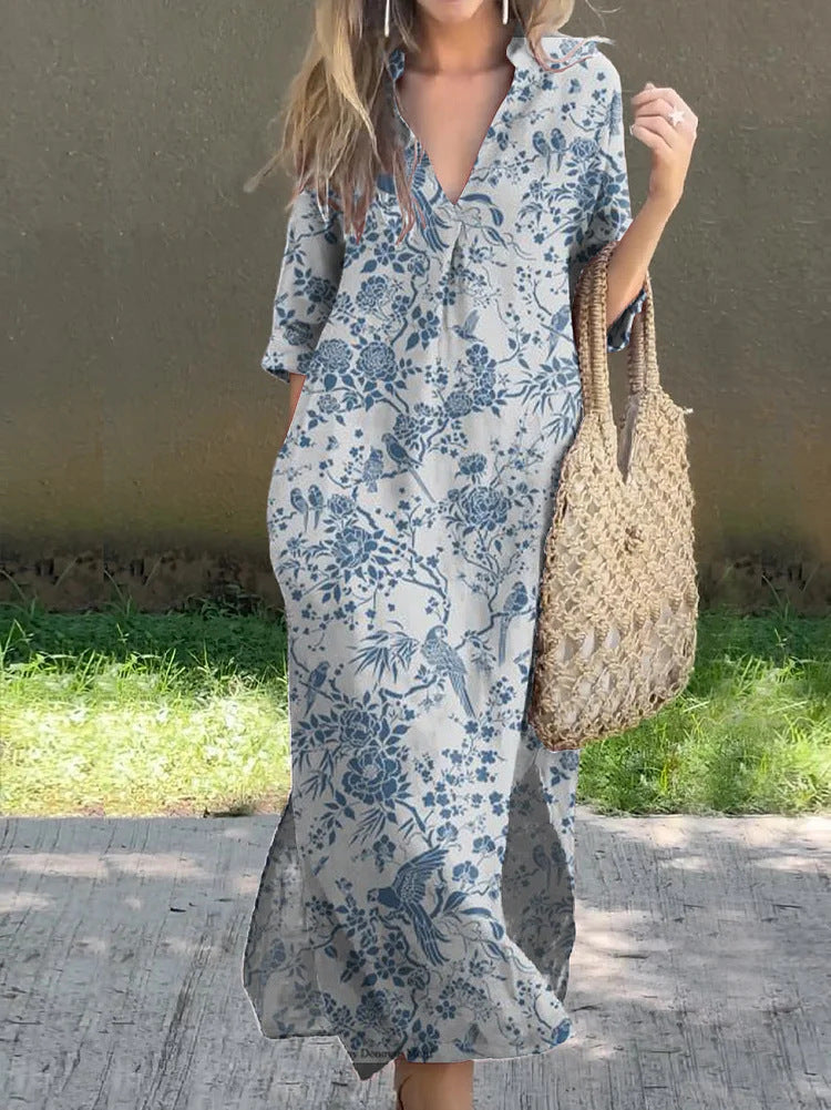 👗🌷2025 nova ljetna ležerna široka haljina s V-izrezom i printom