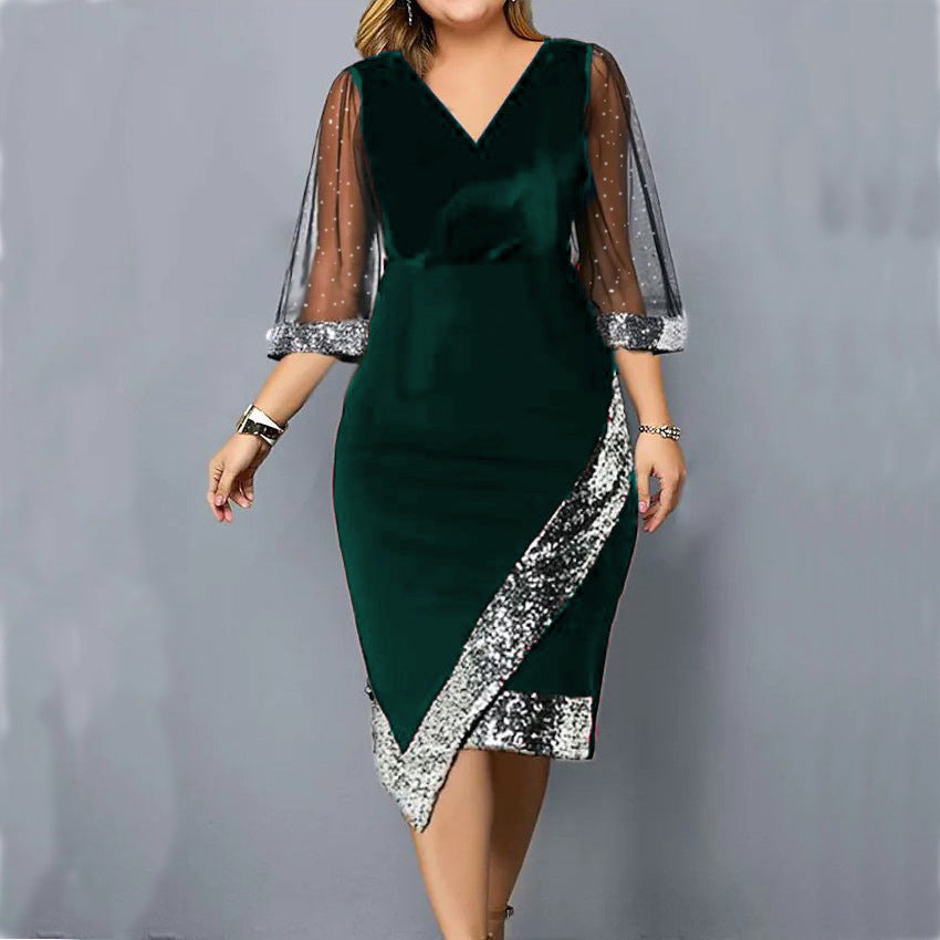 🌟 Nou 2025 ✨ Rochie de damă transparentă din plasă neregulată, catifea aurie și paiete ✨👗💃