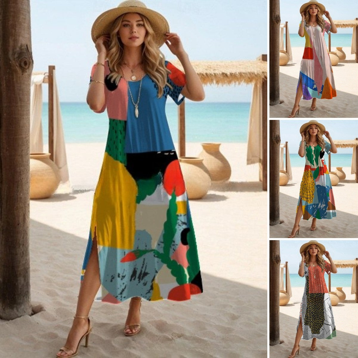 🔥✨【S-3XL】🌈2025 nowa moda elegancka, swobodna, dopasowana kolorystycznie sukienka plażowa odpowiednia na wakacje nad morzem