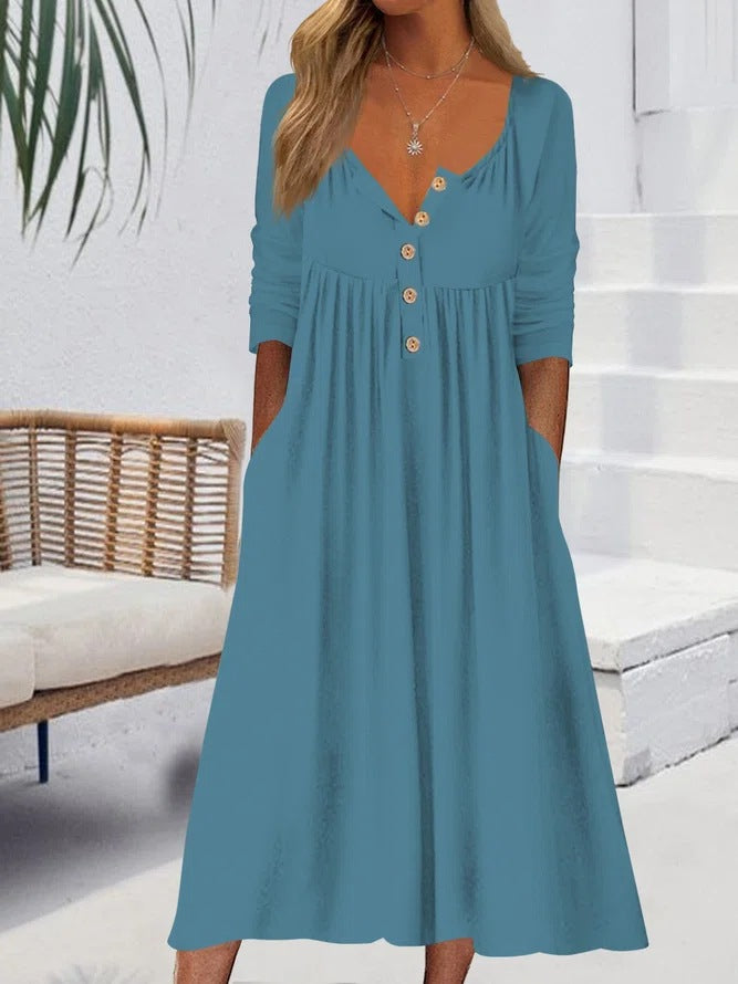 😍😍😍【S-3XL】Rochie midi de culoare uni cu nasturi