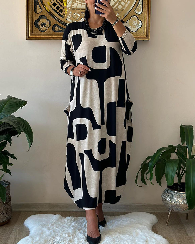 🥻Rochie casual cu imprimeu și guler rotund, la modă, de toamnă