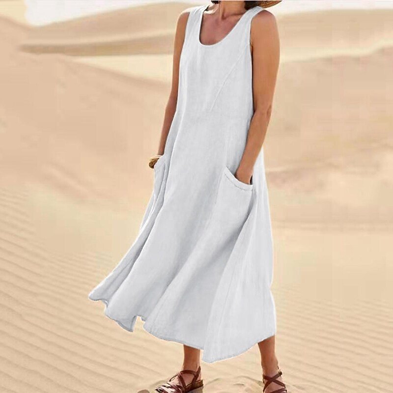 🌈👗【S-5XL】Nova elegantna jednobojna haljina bez rukava s okruglim izrezom od pamuka i lana za ljeto 2025.