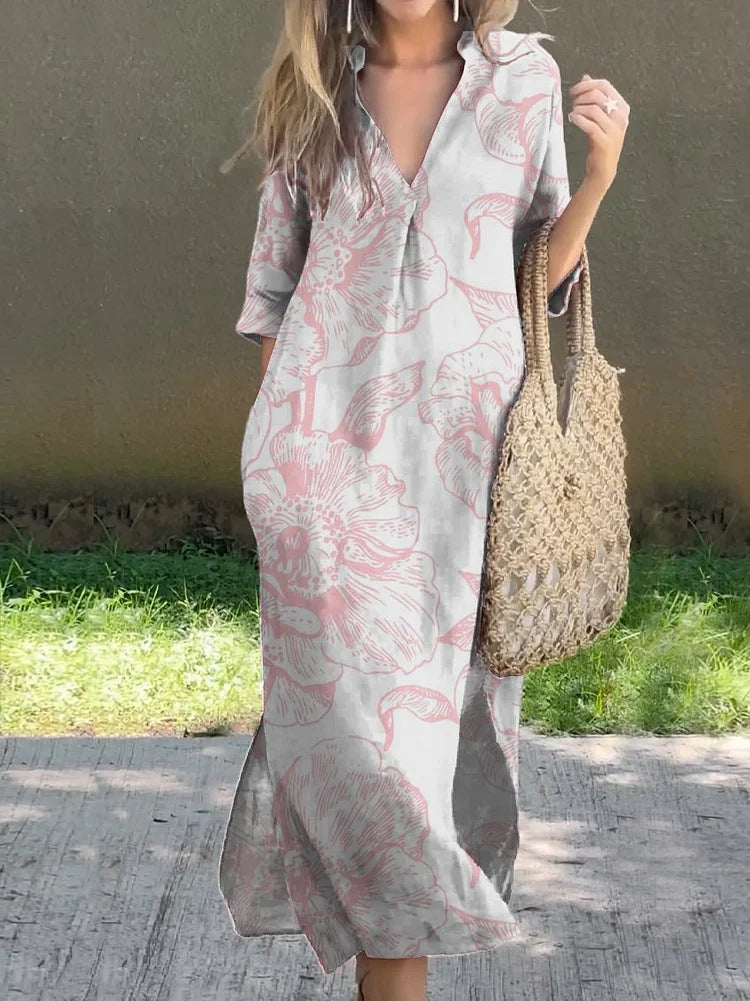 👗🌷2025 nova ljetna ležerna široka haljina s V-izrezom i printom
