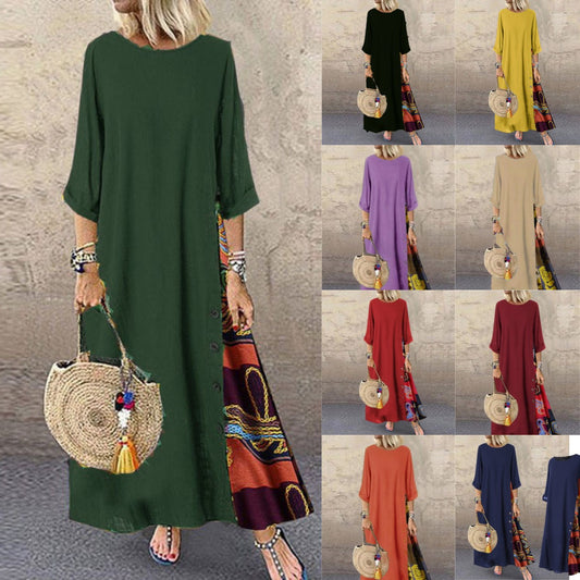 💖🍂【M-5XL】Γυναικείο Φόρεμα με Ρετρό Στάμπα και Μεσαίο Μανίκι